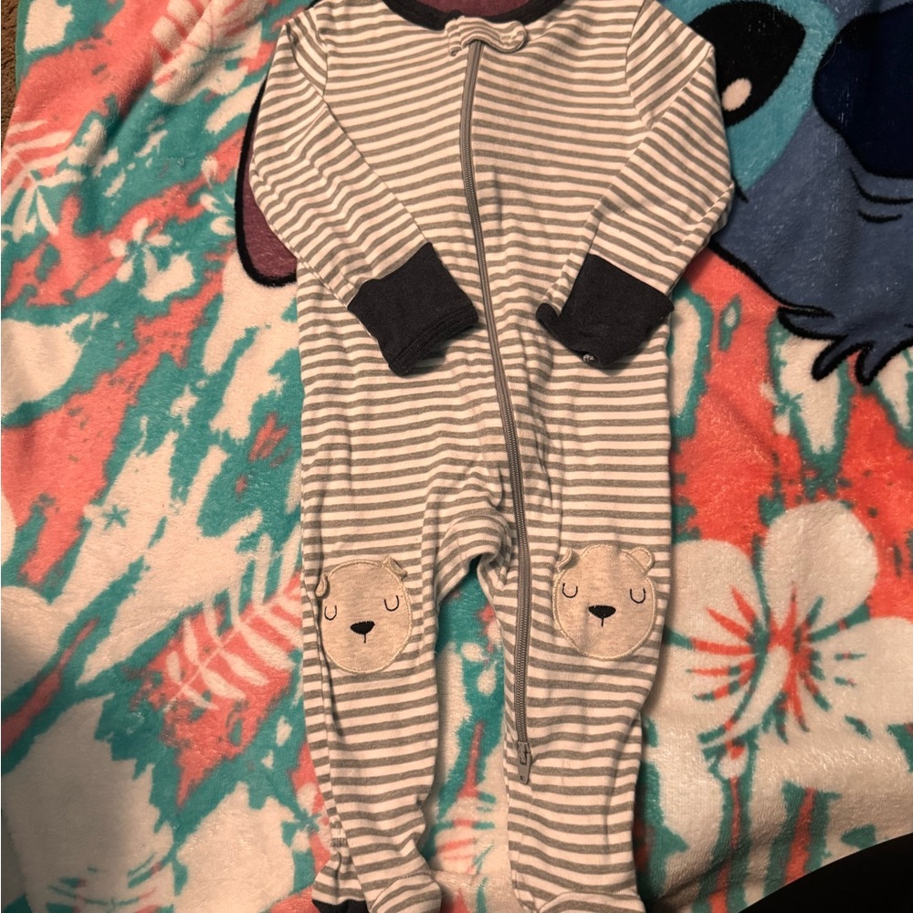 Cloud Island Gray and Navy Striped Bear Footie